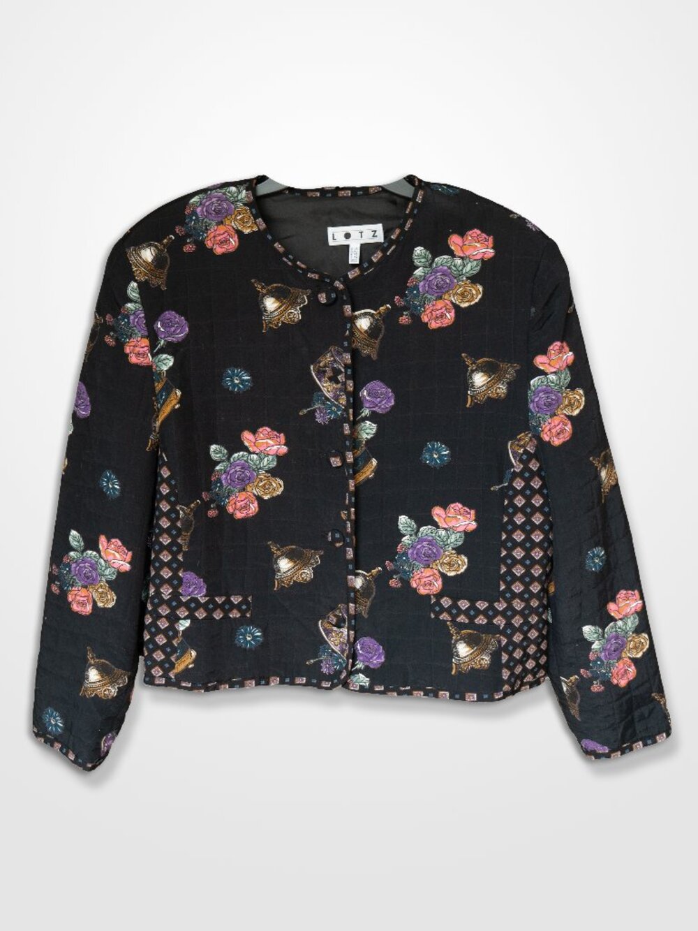 Vintage 80 Quilted Jacket Black Patchwork Granny core Floral Goth Boxy Crop Coat